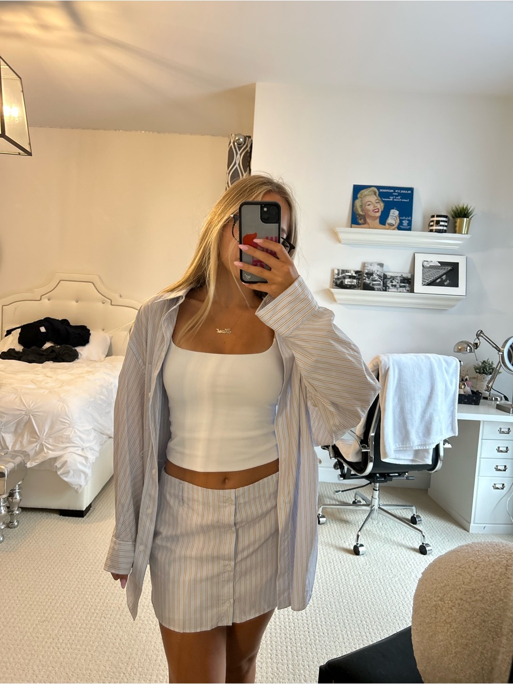 Zara White Ribbed Tank with Light Blue Striped Shirt & Skirt Set